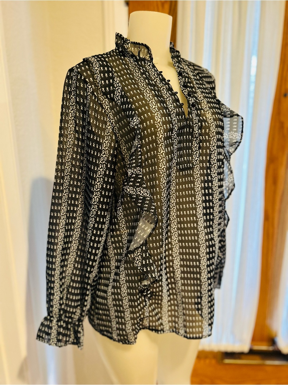 NWOT Black & White Ruffled Sheer Blouse - Women’s L